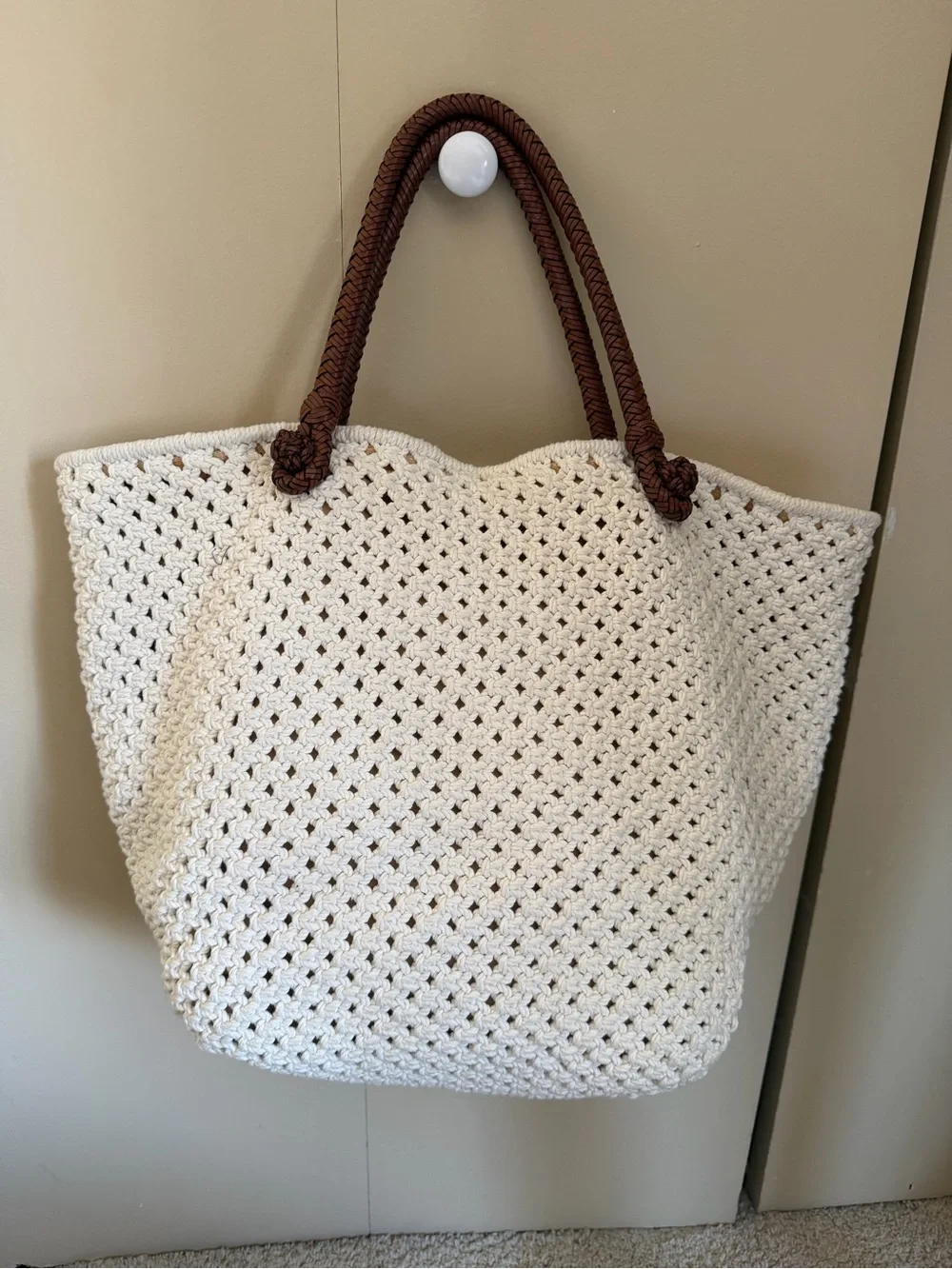 Ralph Lauren Cream Crochet Tote Bag with Brown Rope Handles